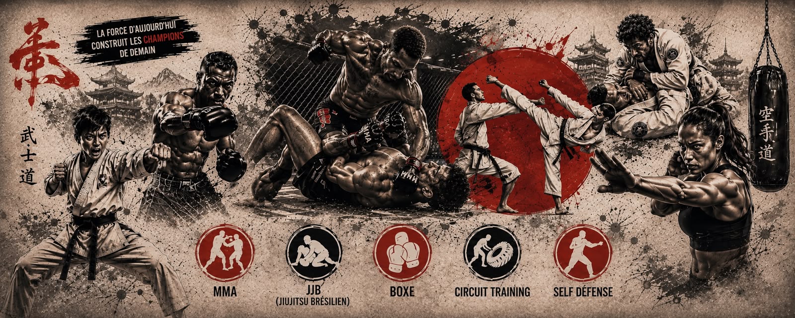 Adile et un groupe d'adolescents à l'entraînement : boxe, MMA, jiu-jitsu, circuit training et self-défense